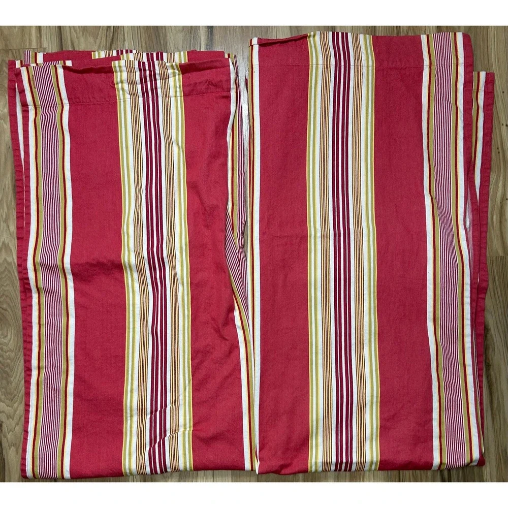POTTERY BARN Curtains SET/2 Panels French Stripe‎ 72x72 Red Cotton Twill Retired